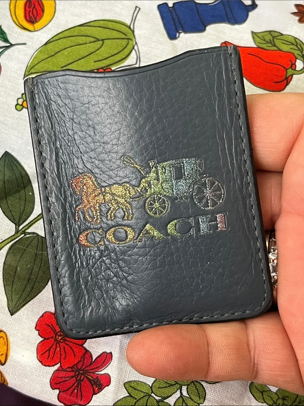 Coach Black Leather Card & Key Holder with Iridescent Logo